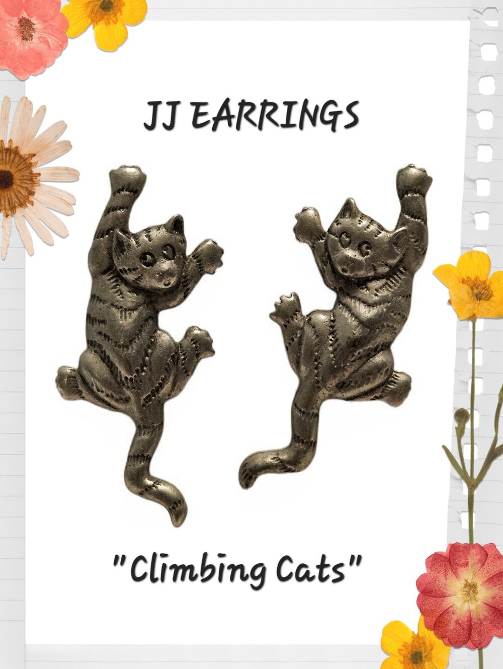 Vintage Pewter JJ Jonette Jewelry Co "Climbing Cats" Earrings